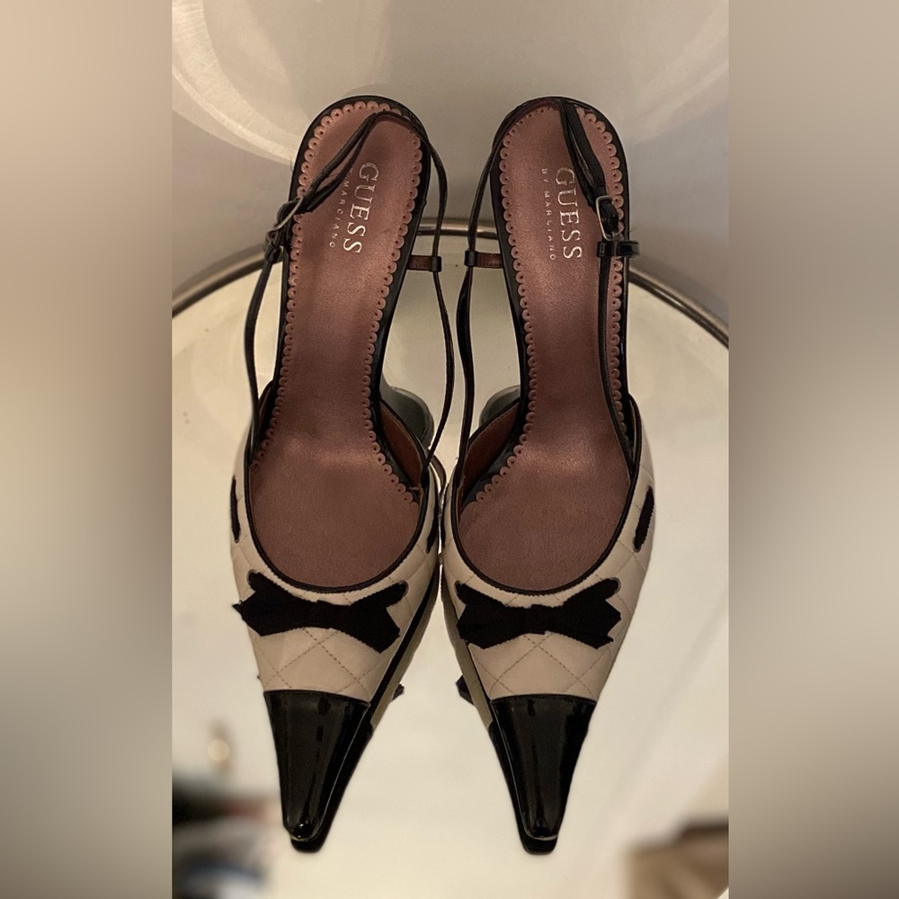 Black and cream sling backs